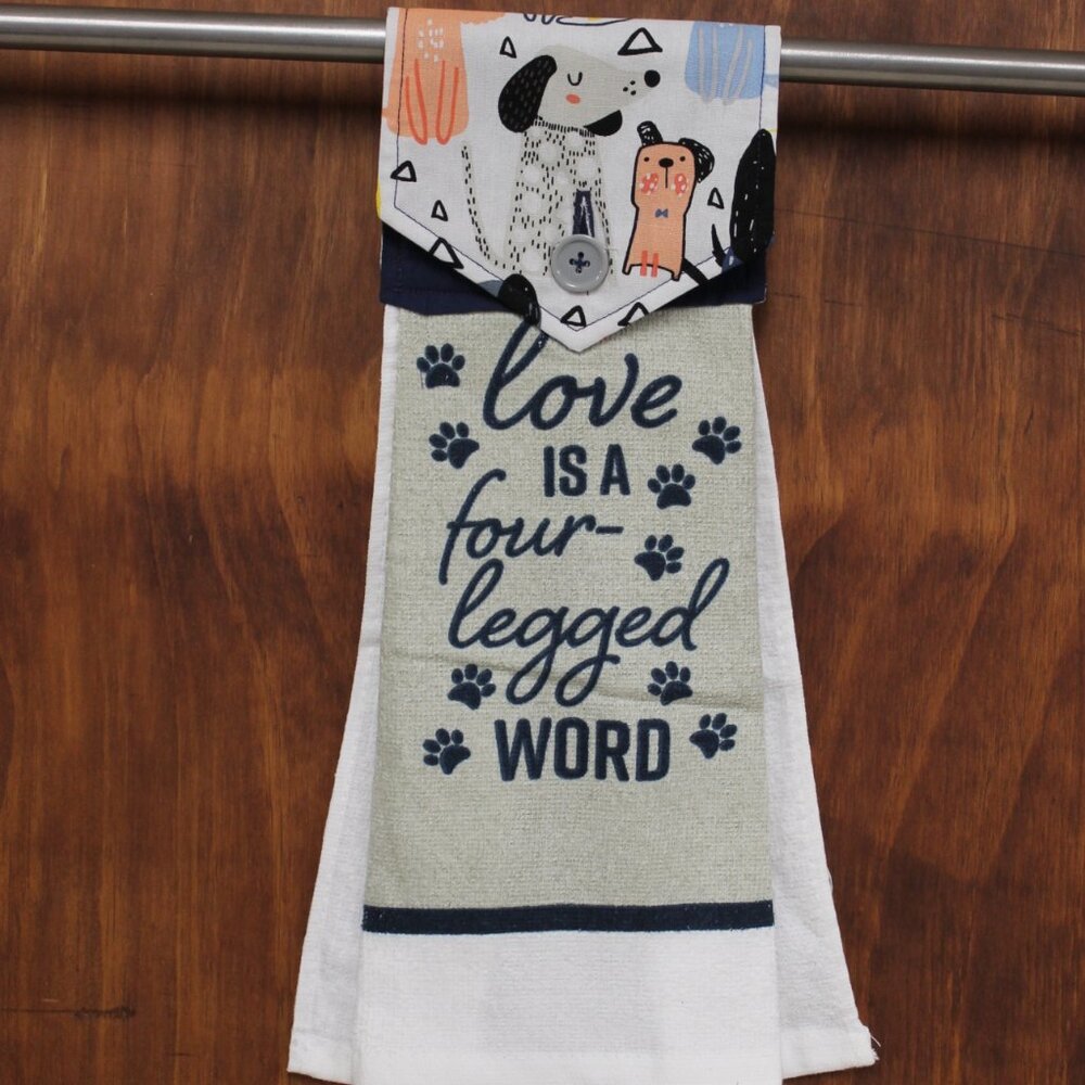 DOG HAND TOWEL NAVY BLUE & GRAY PRINT TOWEL HANDMADE HANGING KITCHEN TAN COTTON